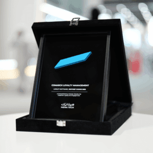 Close-up of the MENA Tech Editors' Choice 2023 award plaque for Comarch Loyalty Management, honoring top customer loyalty software