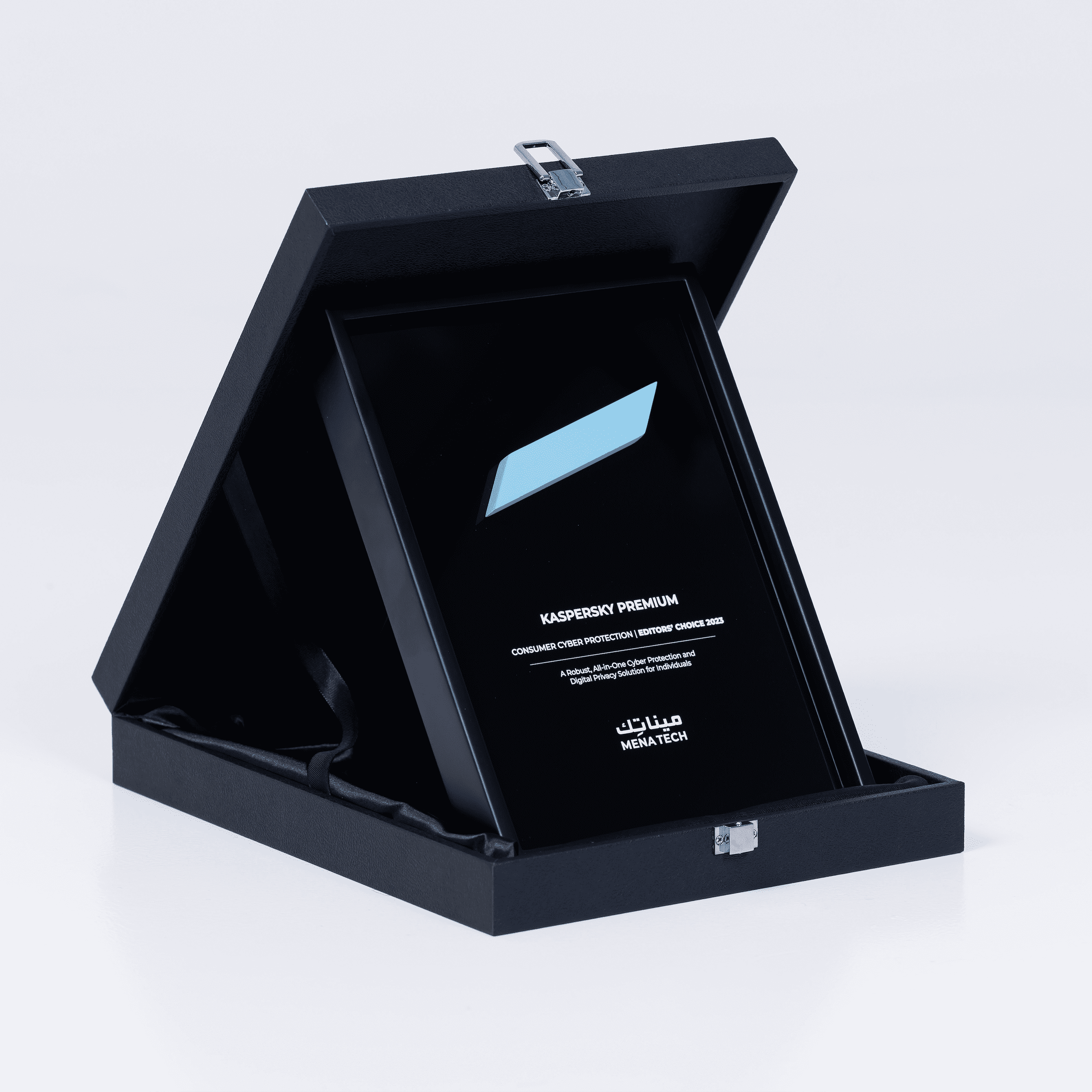 Angled view of the Kaspersky Premium Editors' Choice 2025 award plaque displayed in its presentation box, highlighting the design and engraving