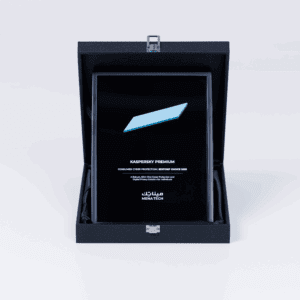 Close-up view of the Kaspersky Premium award plaque inside its black presentation box, presented by MENA Tech as the Editors' Choice 2025