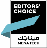MENA Tech Editors' Choice badge featuring a bold black rectangle with white text, a diagonal blue ribbon design, and the brand name "MENA Tech" in both Arabic and English at the bottom.