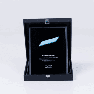 A close-up of the MENA Tech Editors' Choice 2023 award plaque for Nothing Phone 2, recognizing its outstanding smartphone design.