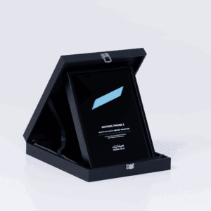 Angled view of the MENA Tech Editors' Choice 2023 award for Nothing Phone 2, highlighting the sleek design of the plaque.
