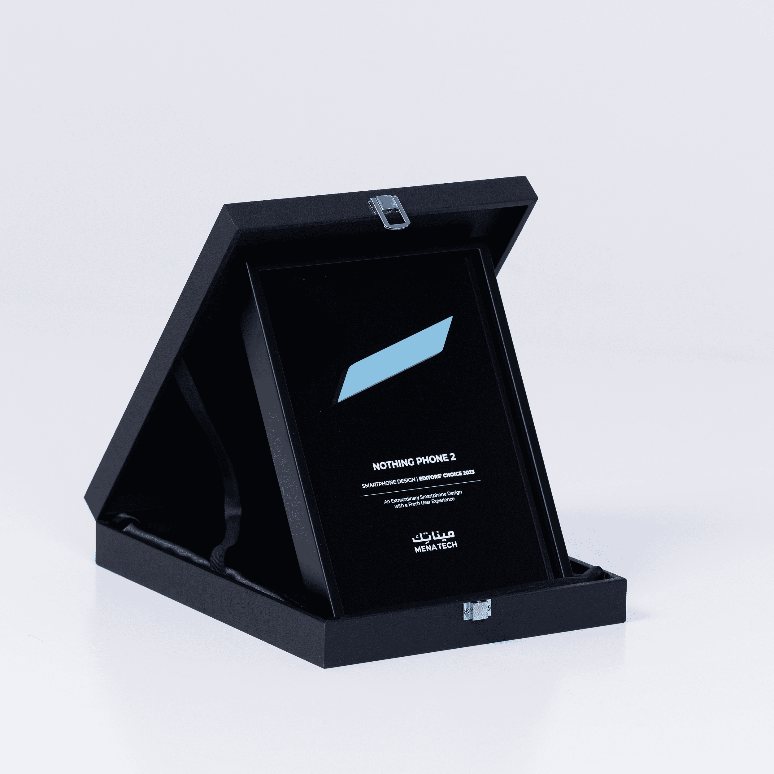 Angled view of the MENA Tech Editors' Choice 2023 award for Nothing Phone 2, highlighting the sleek design of the plaque.