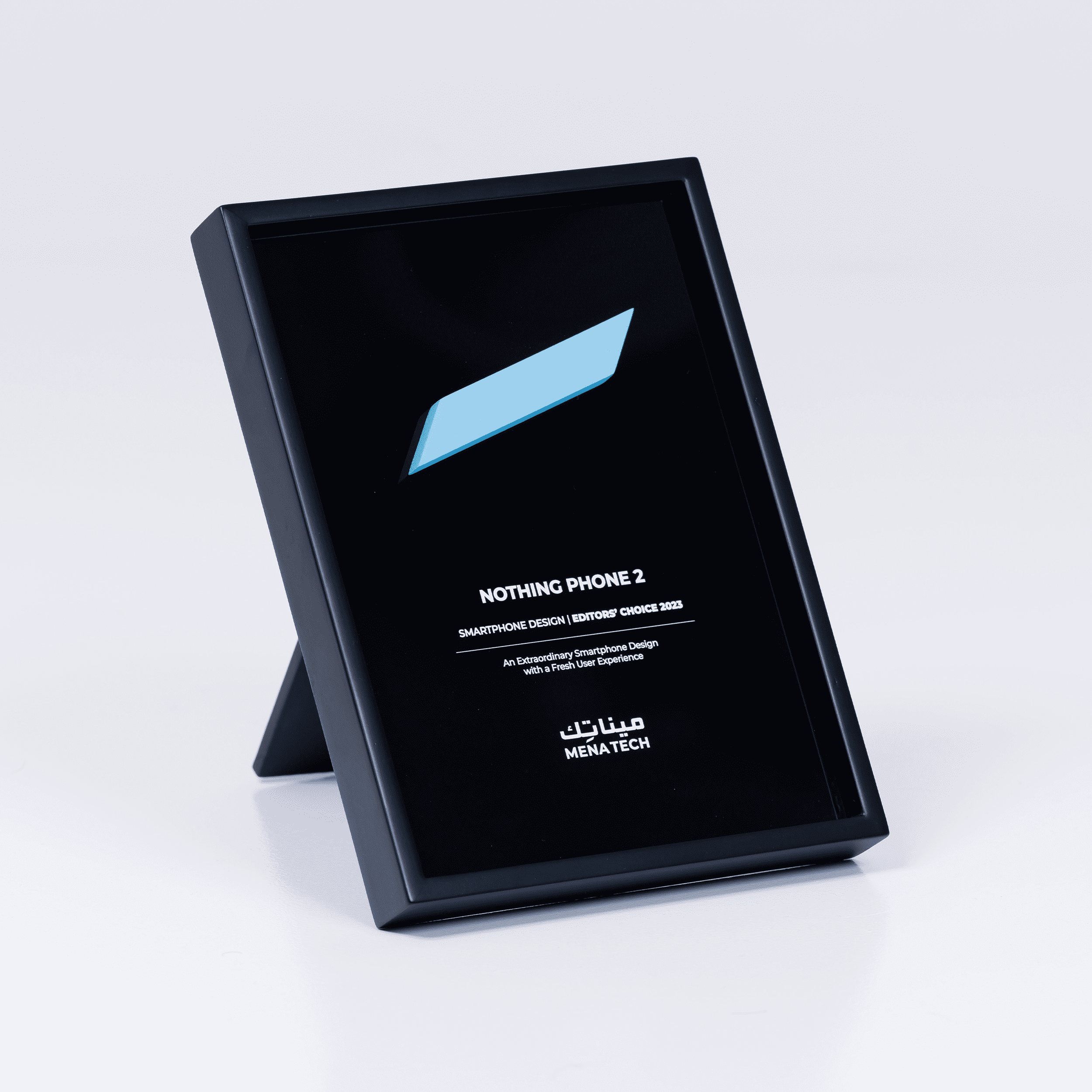 Freestanding view of the Nothing Phone 2 Editors' Choice 2023 award plaque by MENA Tech, celebrating smartphone design excellence.